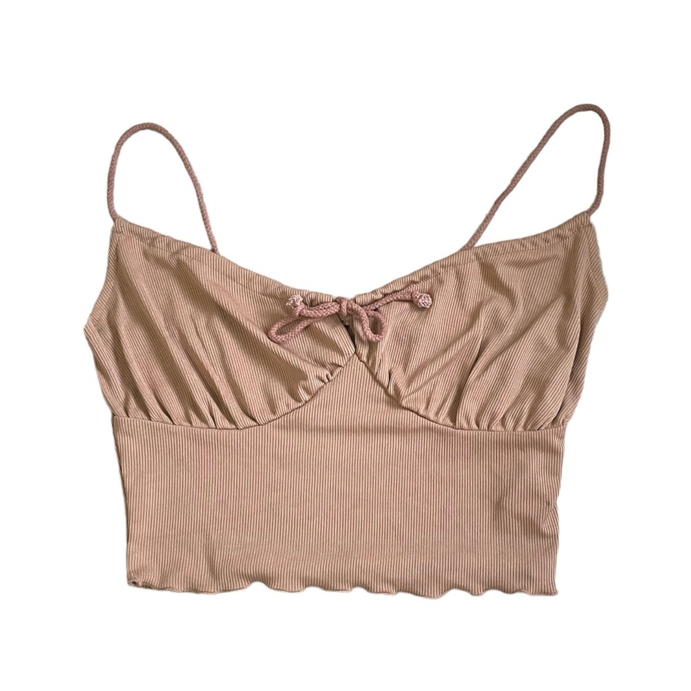 SHEIN tan ribbed lettuce trim cropped cami bustier tank with cutout knot detail